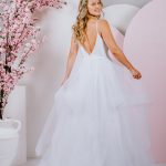 deep V neck front and low back debutante gown