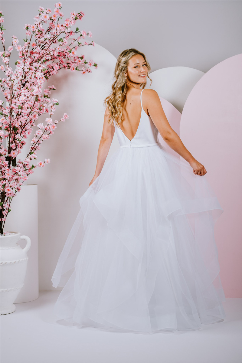 deep V neck front and low back debutante gown