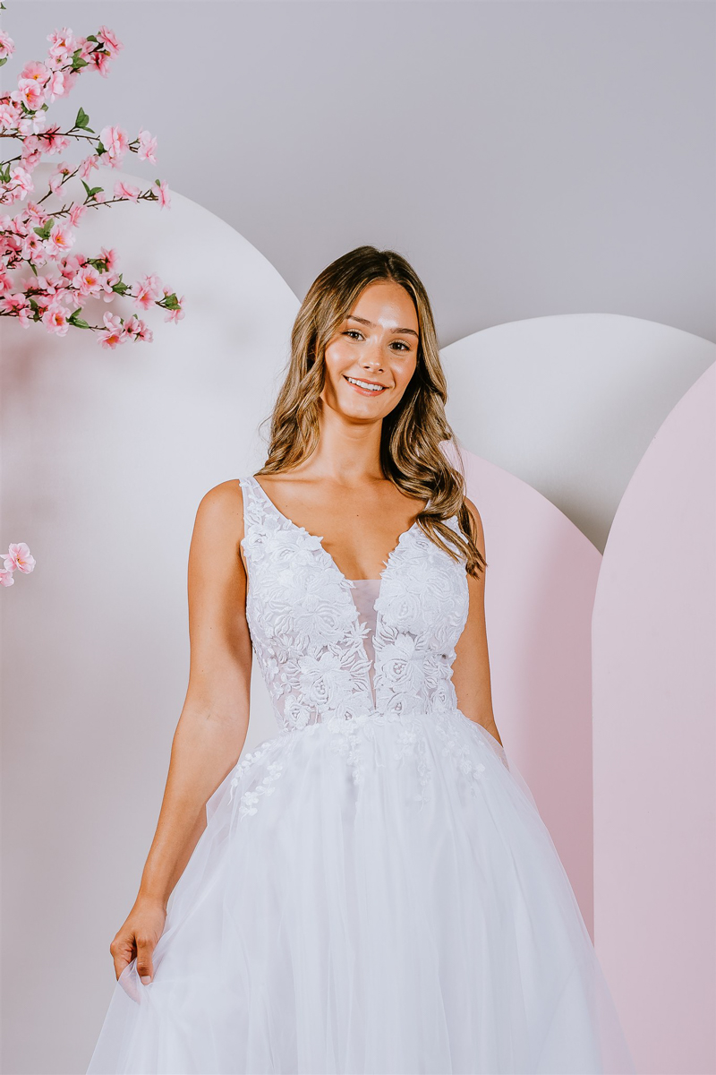 Sweet lace blossoms and trailing vines deb gown