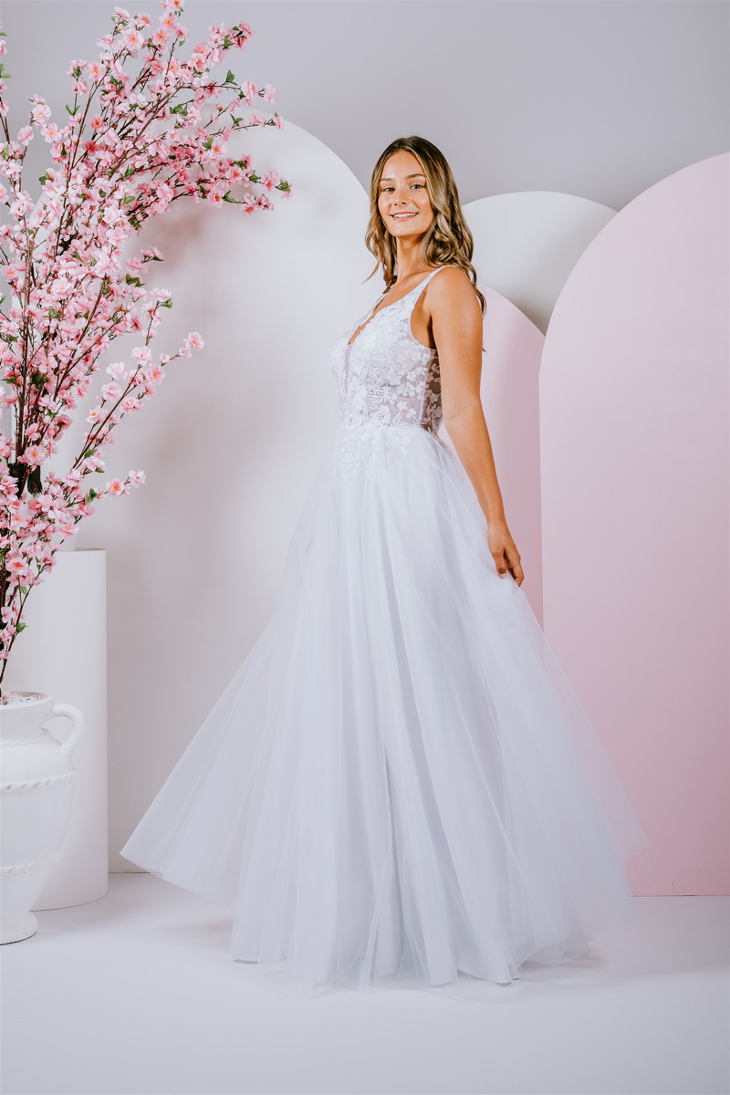 Sweet lace blossoms and trailing vines deb gown