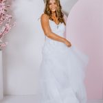 lovely lace covered bodice with thin beaded straps debutante gown