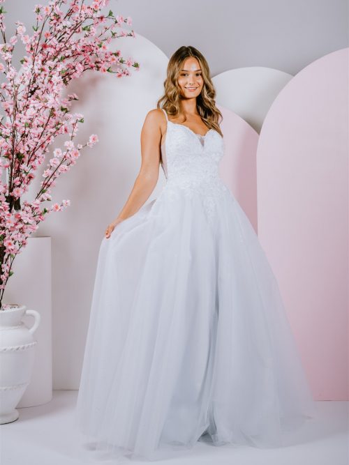 lovely lace covered bodice with thin beaded straps debutante gown