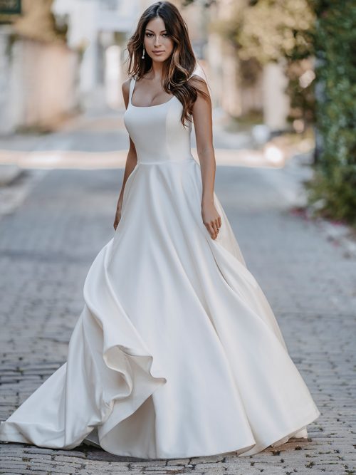 3553 Allure Romance Chic, minimalist satin composes this elegant A-line gown